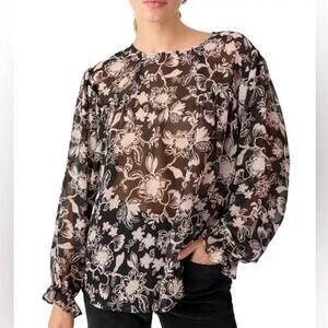 SANCTUARY Top Size 1X NEW Ruffle Moment Blouse Black Semi Sheer Floral